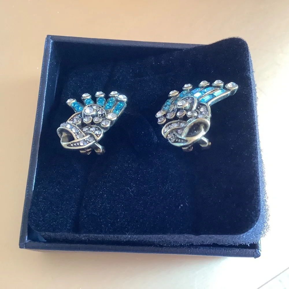 HEIDI DAUS Crystal Hue Persuasion Button Art Deco Earrings Turquoise Omega Backs